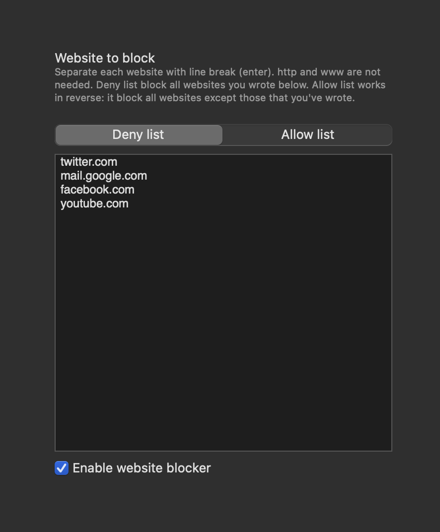 Website blocker allow/deny list
